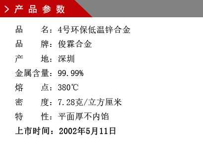 品 名:4號(hào)環(huán)保低溫鋅合金 品 牌:俊霖合金 產(chǎn) 地:深圳 金屬含量:99.99% 熔 點(diǎn):380℃ 密 度:7.28克/立方厘米特 性:平面厚不內(nèi)餡 上市時(shí)間:2002年5月11日 品 名:4號(hào)環(huán)保低溫鋅合金 品 牌:俊霖合金 產(chǎn) 地:深圳 金屬含量:99.99% 熔 點(diǎn):380℃ 密 度:7.28克/立方厘米特 性:平面厚不內(nèi)餡 上市時(shí)間:2002年5月11日